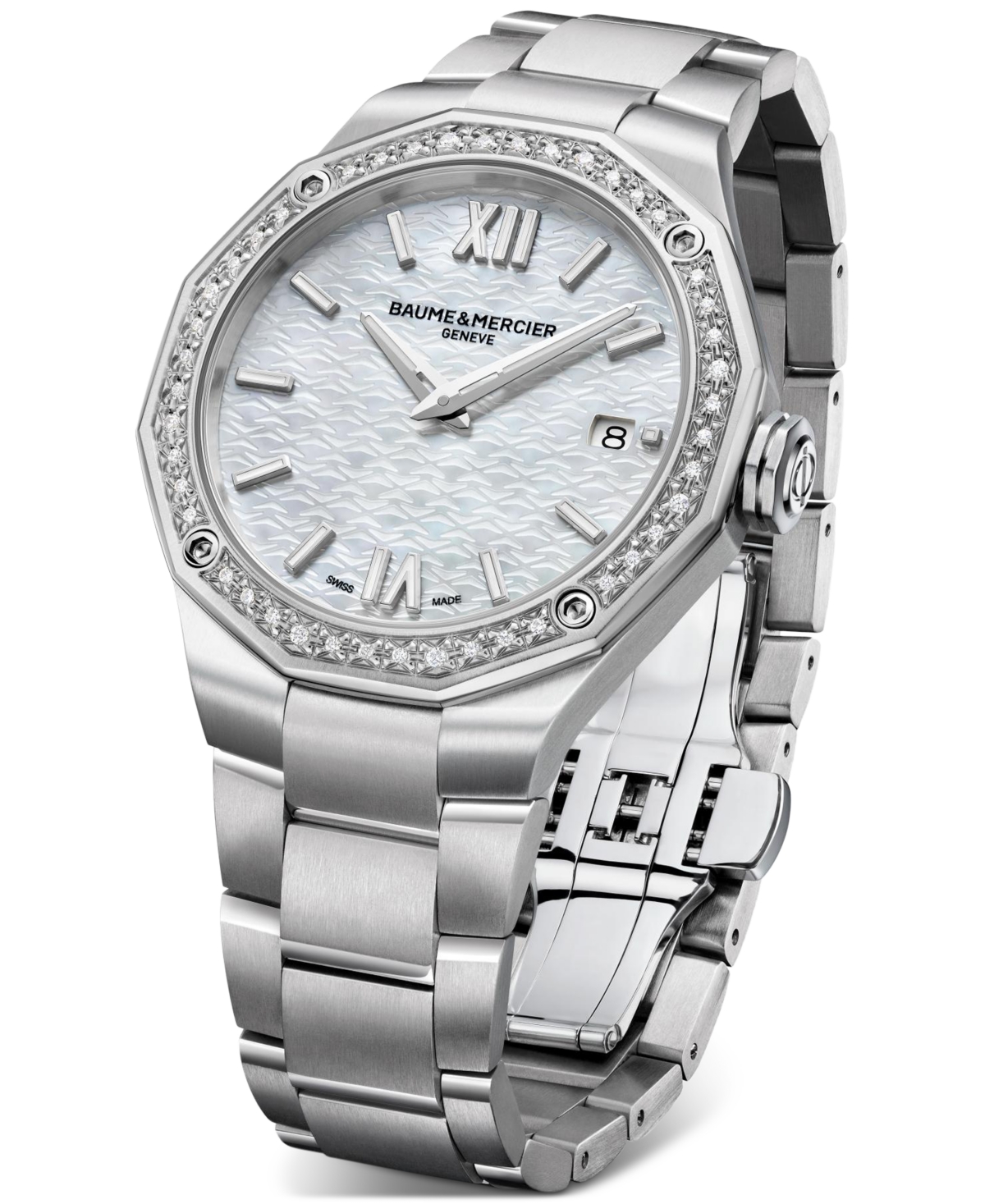 Shop Baume & Mercier Women's Swiss Riviera Diamond (1/5 Ct. T.w.) Stainless Steel Steel Bracelet Watch 36mm In Silver
