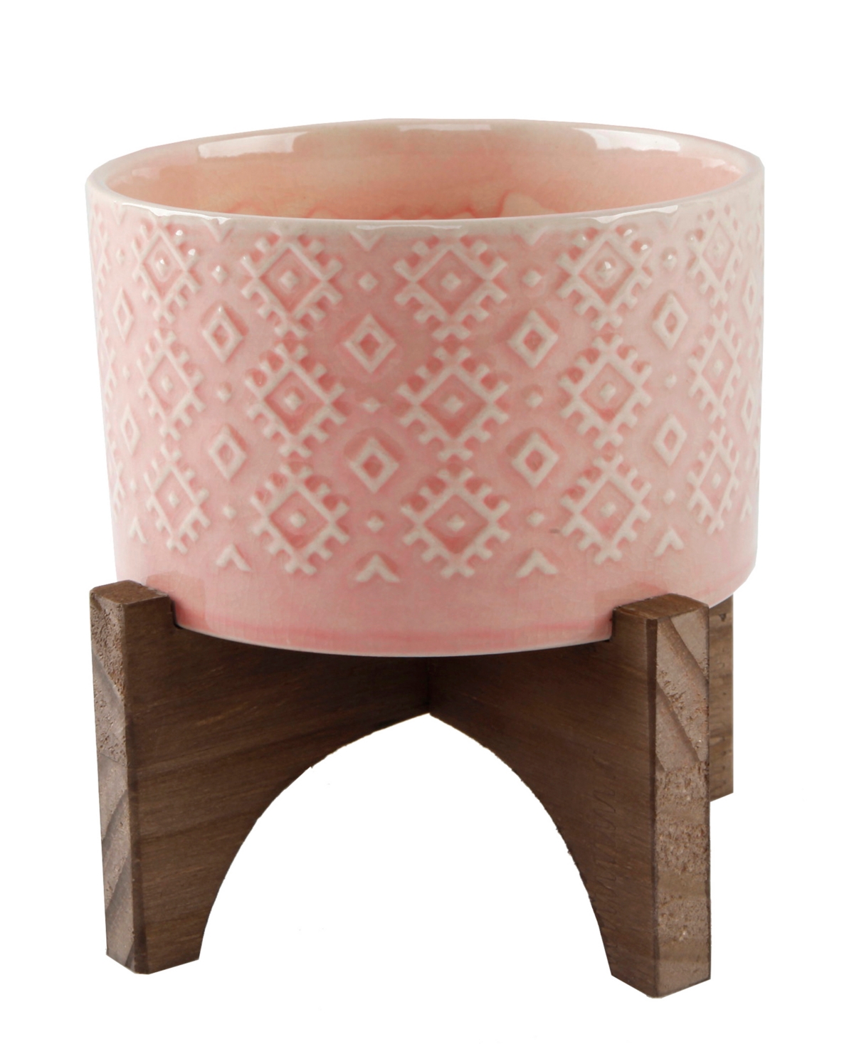 India Ceramic Planter on Wood Stand, 6.25" - Pink