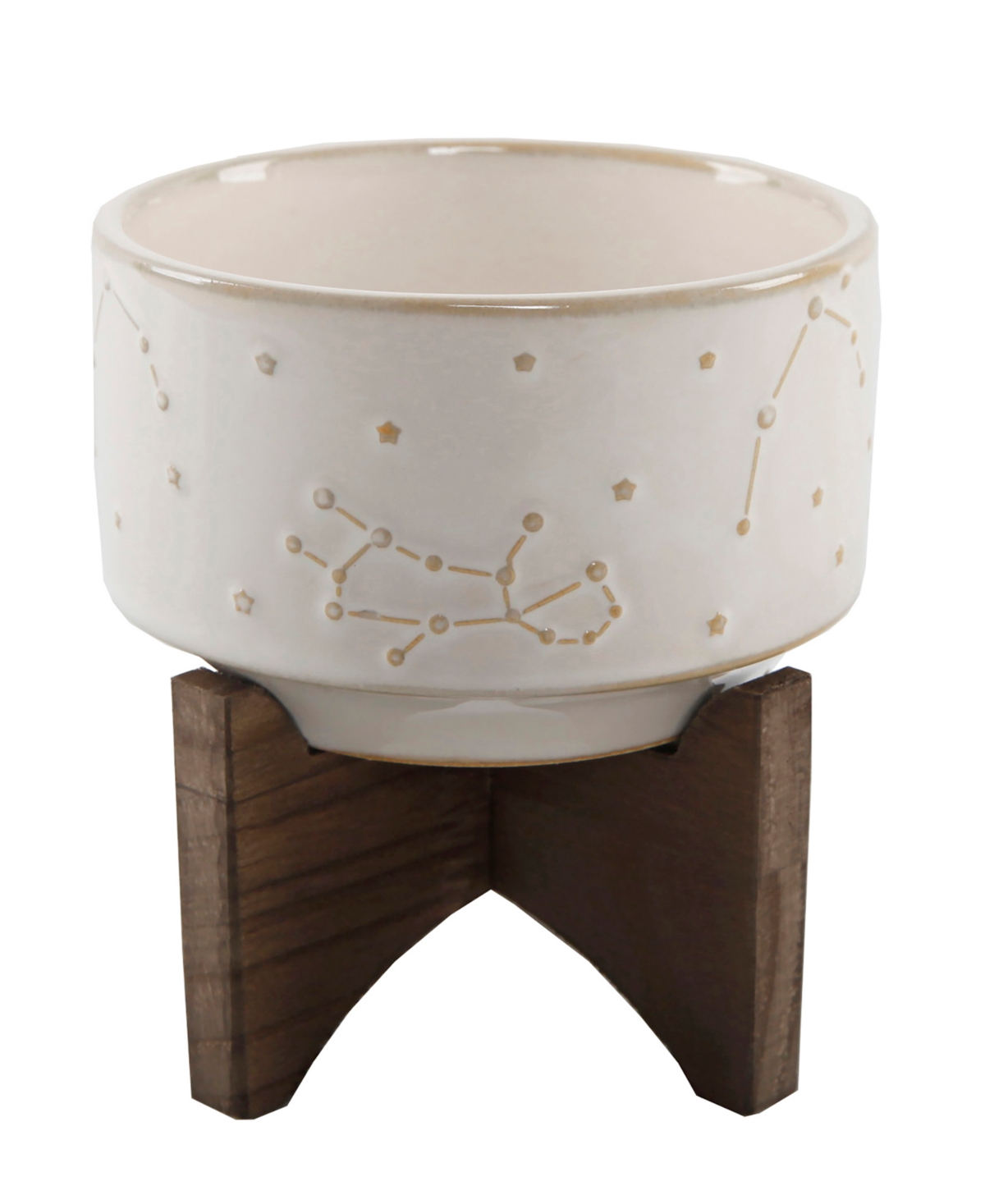 Constellation Ceramic Planter Pot on Wood Stand, 4.25" - Ivory