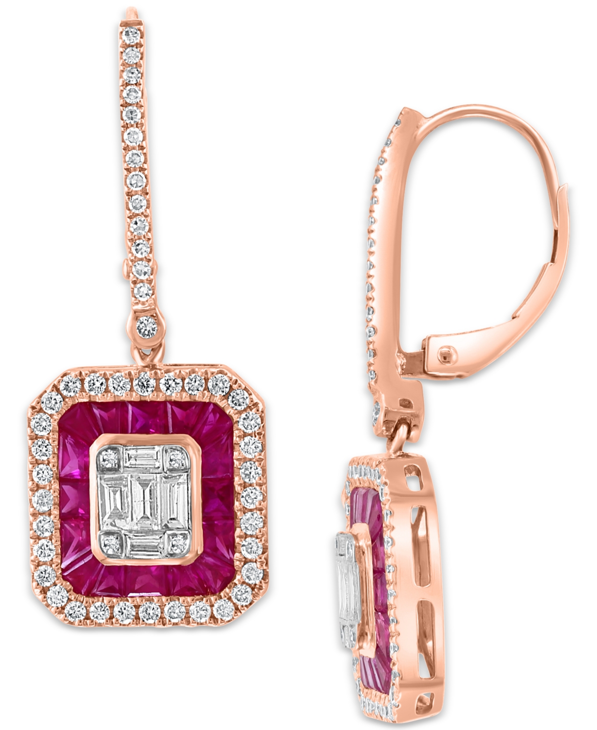 Effy Ruby (1-1/2 ct. t.w.) & Diamond (7/8 ct. t.w.) Leverback Drop Earrings in 14k Rose Gold - Ruby