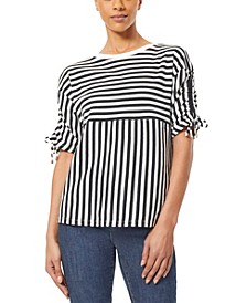 Women's Stripe Cotton Boxy Top with Gathered Sleeve