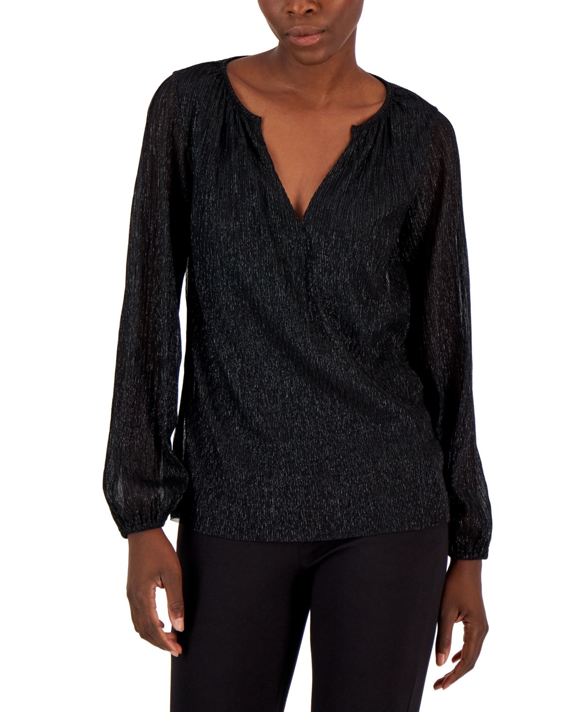 Alfani Women's Pleated Long-Sleeve Shimmer Top, Created for Macy's