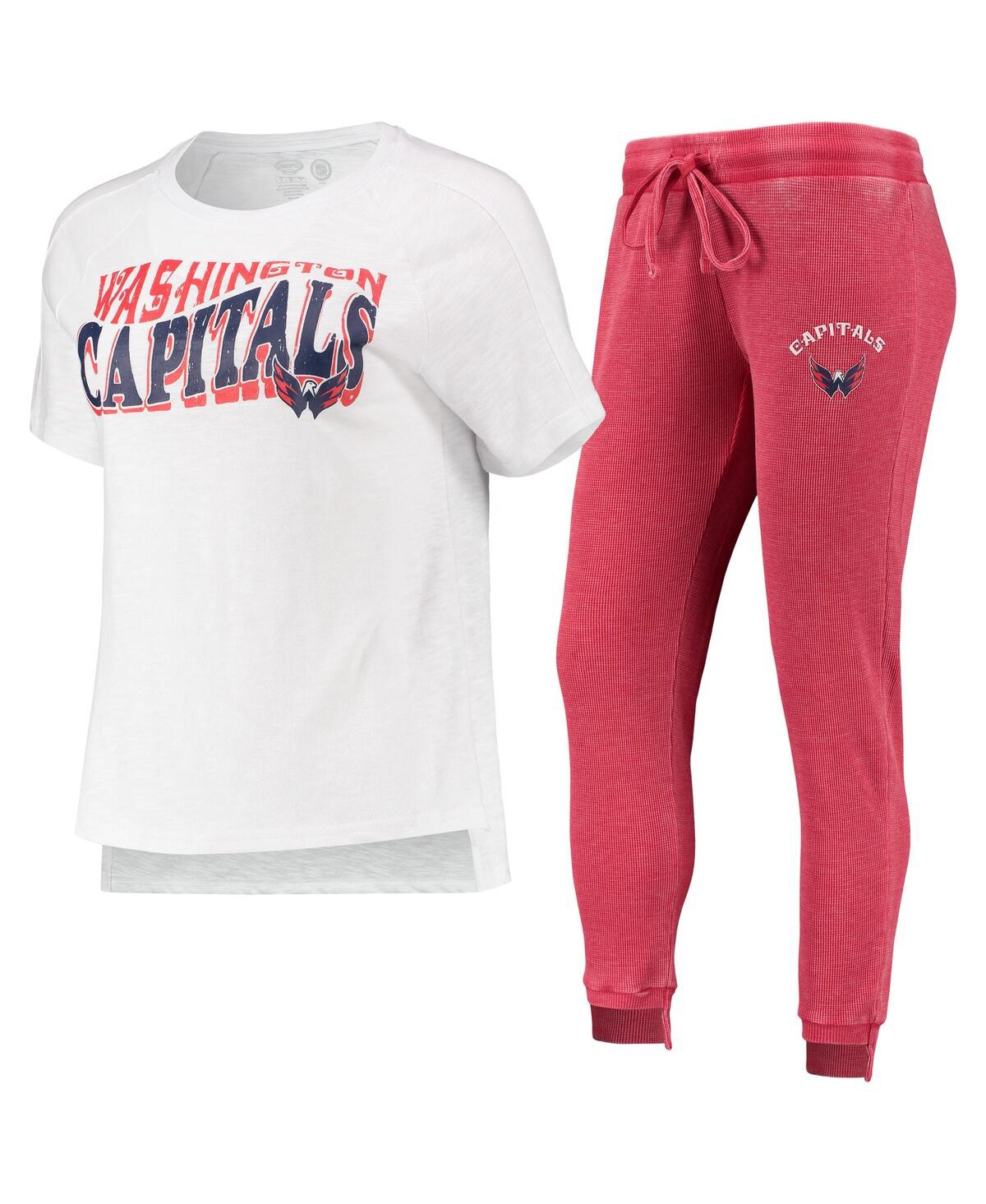CONCEPTS SPORT WOMEN'S CONCEPTS SPORT RED, WHITE WASHINGTON CAPITALS RESURGENCE SLUB BURNOUT RAGLAN T-SHIRT AND JOG 