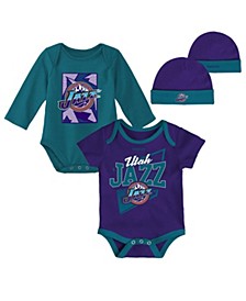 Infant Boys and Girls Purple, Teal Utah Jazz Hardwood Classics Bodysuits and Cuffed Knit Hat Set