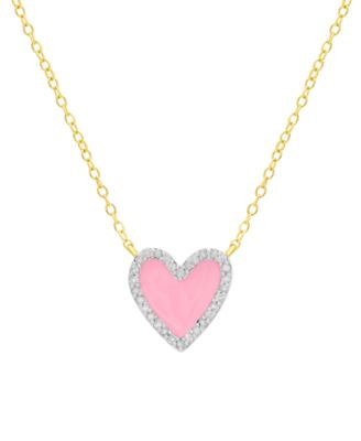 Macy's - Diamond Pink Enamel Heart "Loved" 18" Pendant Necklace (1/8 ct. t.w.) in 14k Gold-Plated Sterling Silver