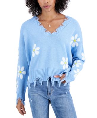 Just Polly - Juniors' Daisy-Print Destructed Sweater