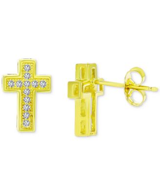 Cubic Zirconia Cross Stud Earrings in 14k Gold-Plated Sterling Silver