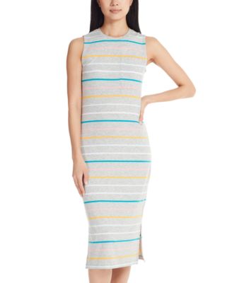 knee length dresses for ladies Stripe Bubble Short Sleeve Tiered Scallop Midi Dress Light Blue / L main image 1