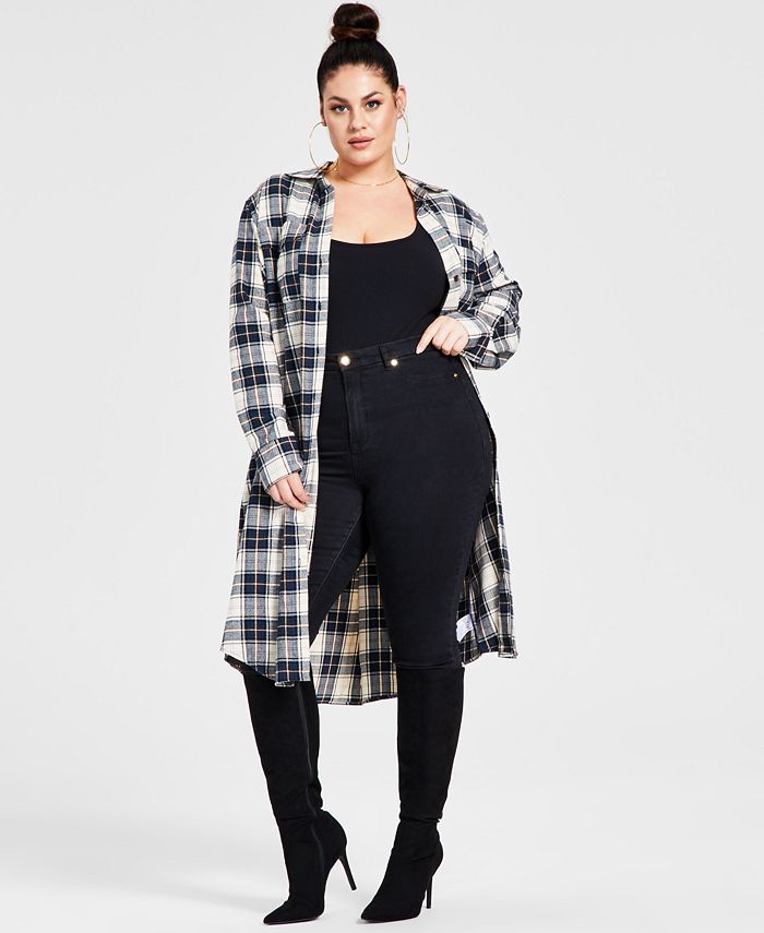 Nina Parker Trendy Plus Size Cotton Plaid Duster Shirt - Macy's