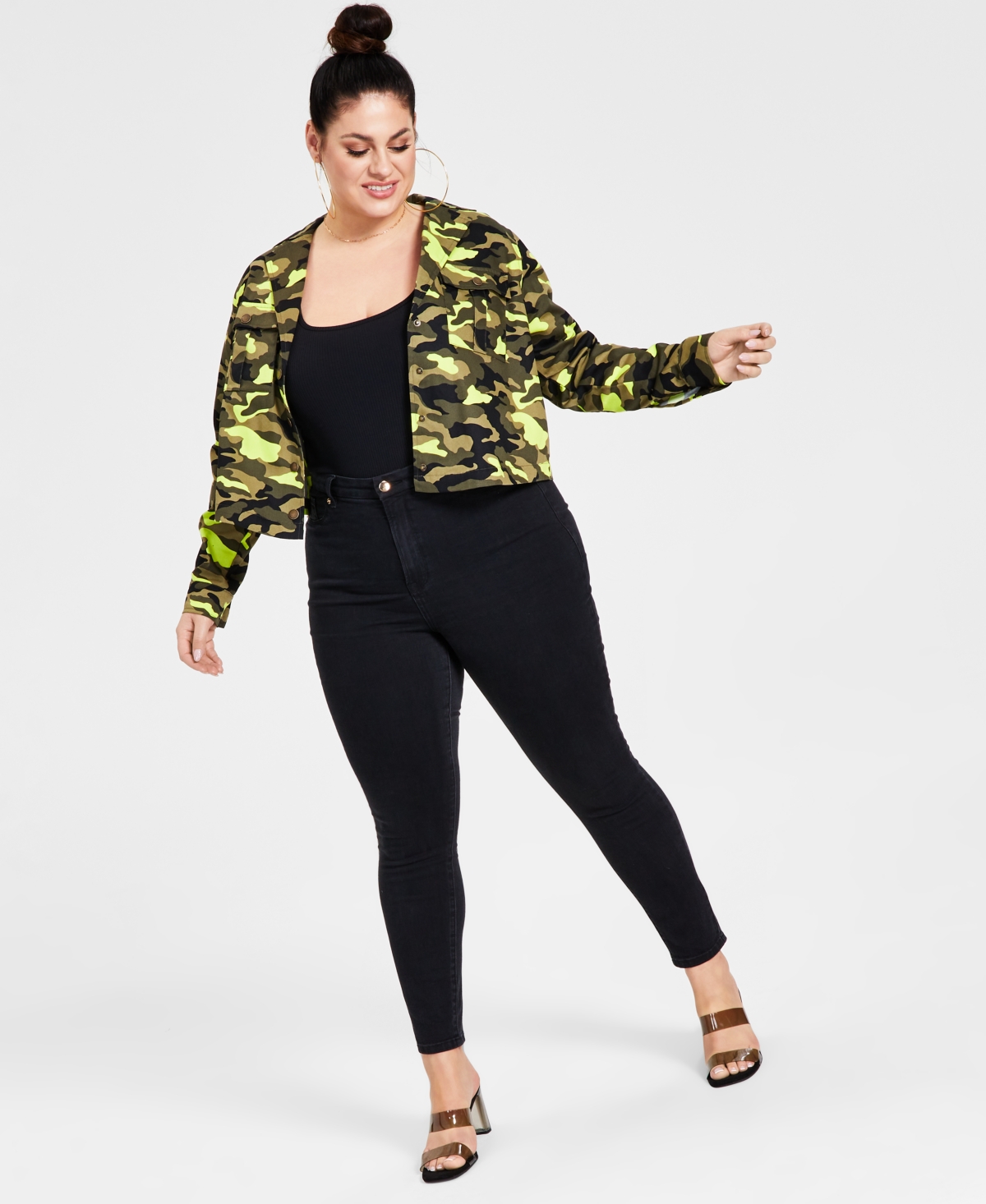 Nina Parker Trendy Plus Size Cotton Camo Cargo Jacket In Neon Camo Print