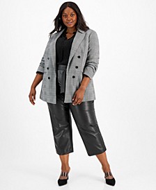 Plus Size Plaid Double-Breasted Blazer, Ruffle Tie-Neck Blouse, & Faux Leather Tie Waist Pants, Created for Macy's 