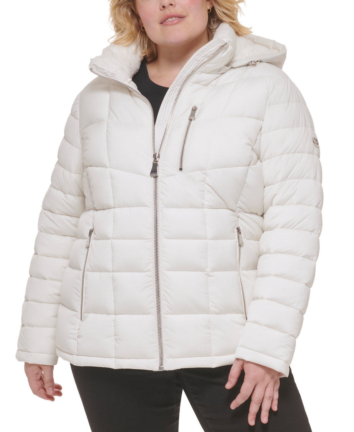Calvin Klein Women's Plus Size Faux-fur-trim Hooded Puffer Coat, Created For Macy's In Eggshell