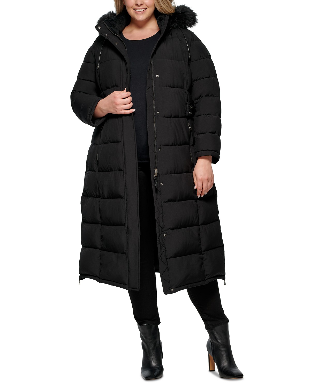 Womens Plus Size Faux-Fur-Trim Hooded Maxi Puffer Coat