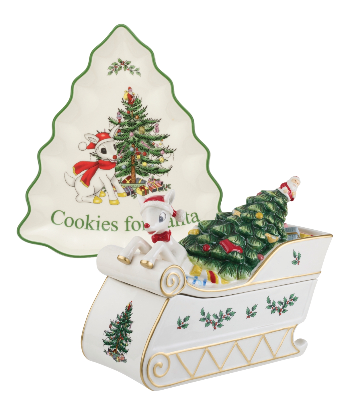 Spode Christmas Tree Rudolph Set Of 2 In Green