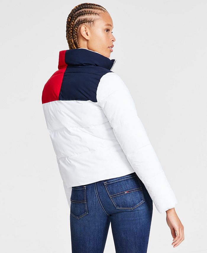 Tommy Jeans Women's Colorblocked Puffer Coat Red Size Large