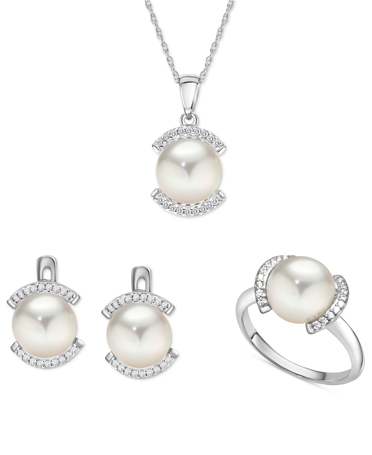 3-Pc. Set Cultured Freshwater Pearl (9mm) & White Zircon (1/2 ct. t.w.) Pendant Necklace, Ring, & Matching Stud Earrings in Sterling Silver - White