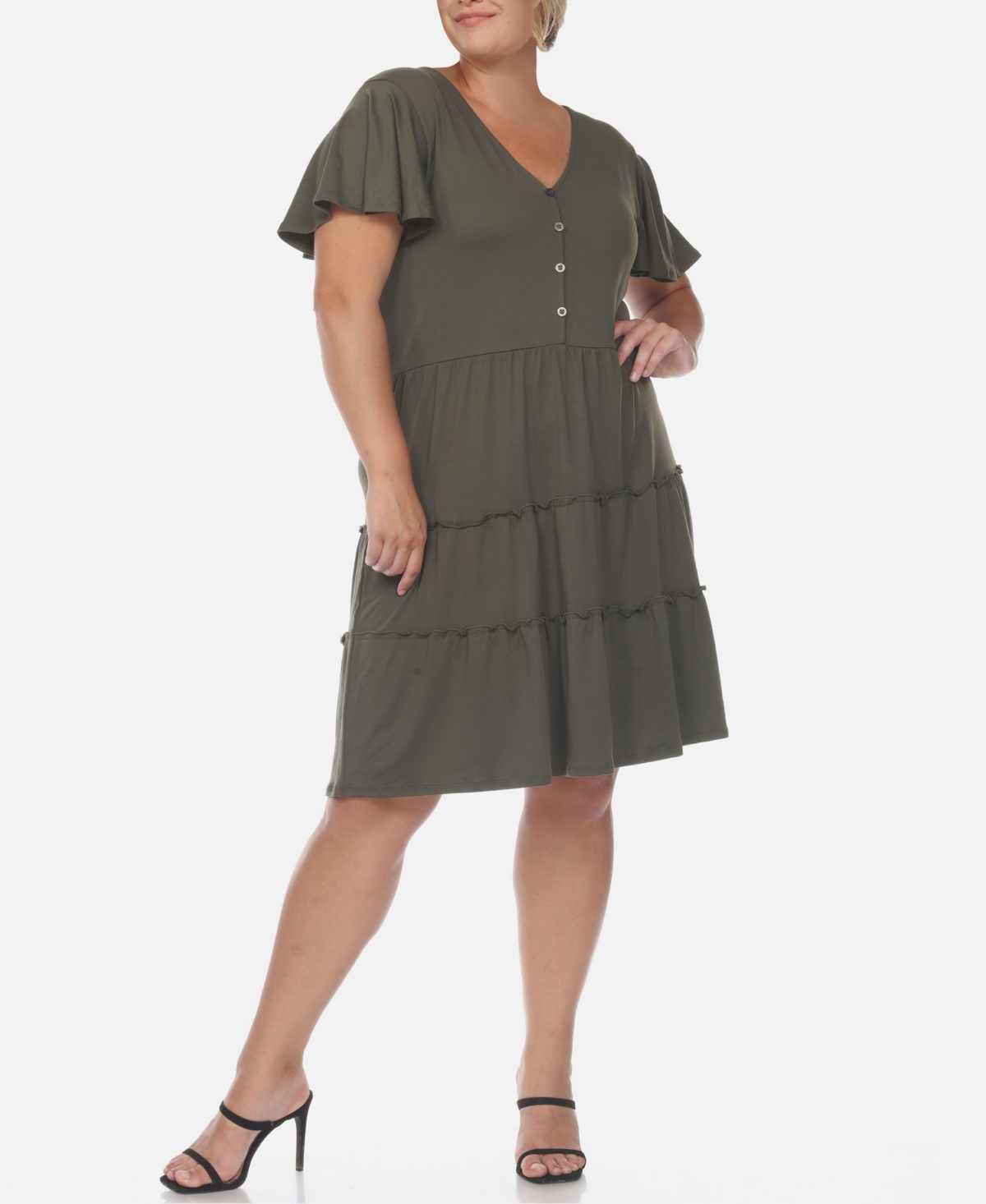 White Mark Plus Size Short Sleeve V-neck Tiered Midi Dress