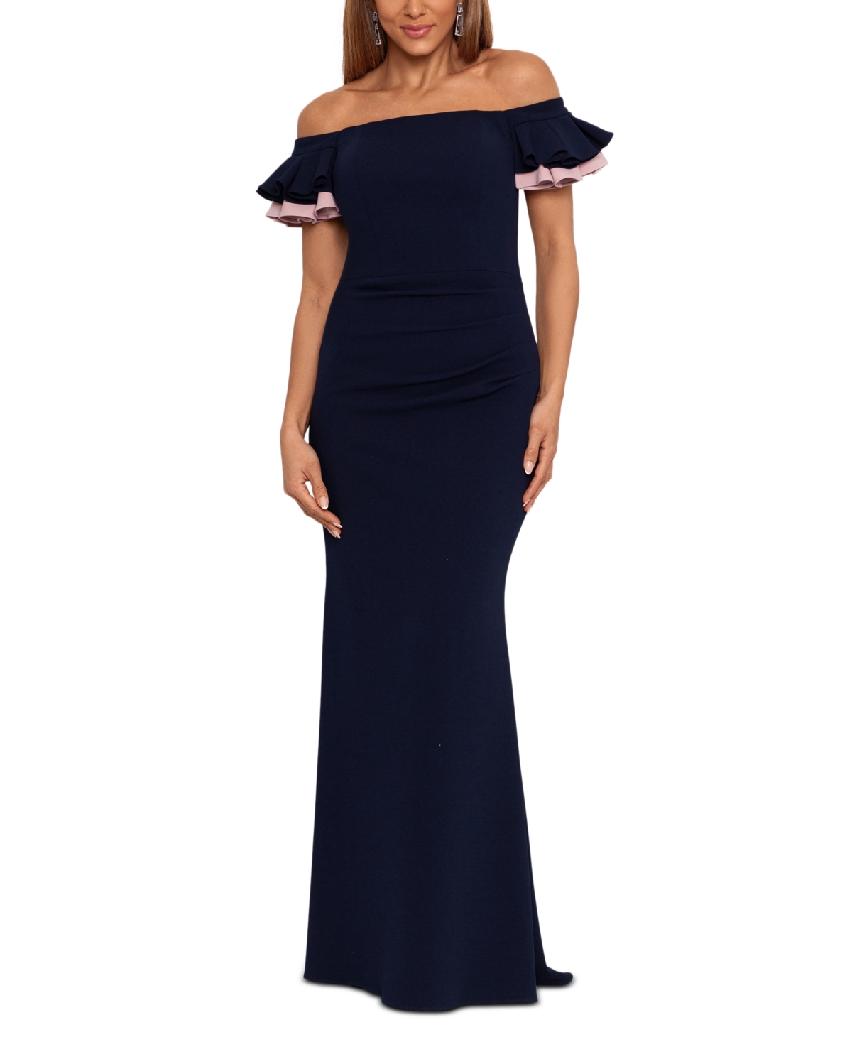Betsy & Adam Women's Off-the-shoulder Double-ruffle Gown In Navy/rose ...