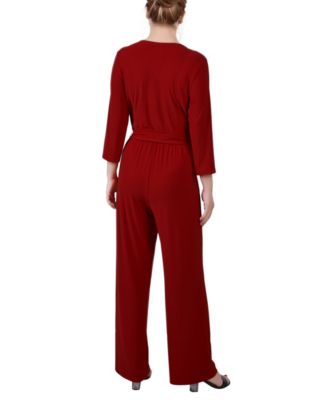 Petite 3/4 Sleeve Belted Wide Leg Jumpsuit