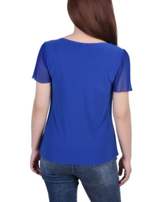 NY Collection Women's Short Flutter Sleeve Top With Cutouts And Stones ...