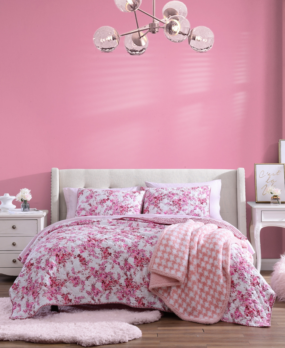 Betsey Johnson 3 Piece Floral Vineyard Quilt Set, Full/queen Bedding In Berry Pink