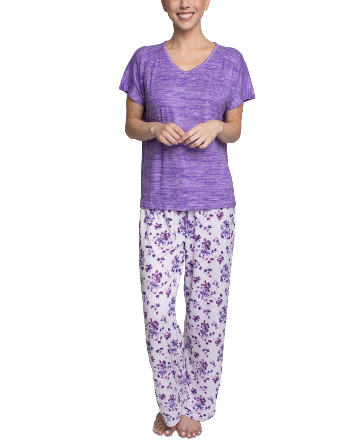 Hanes Plus Size Relaxed Butter-knit Short Sleeve Pajama Set In Heather Purple Floral