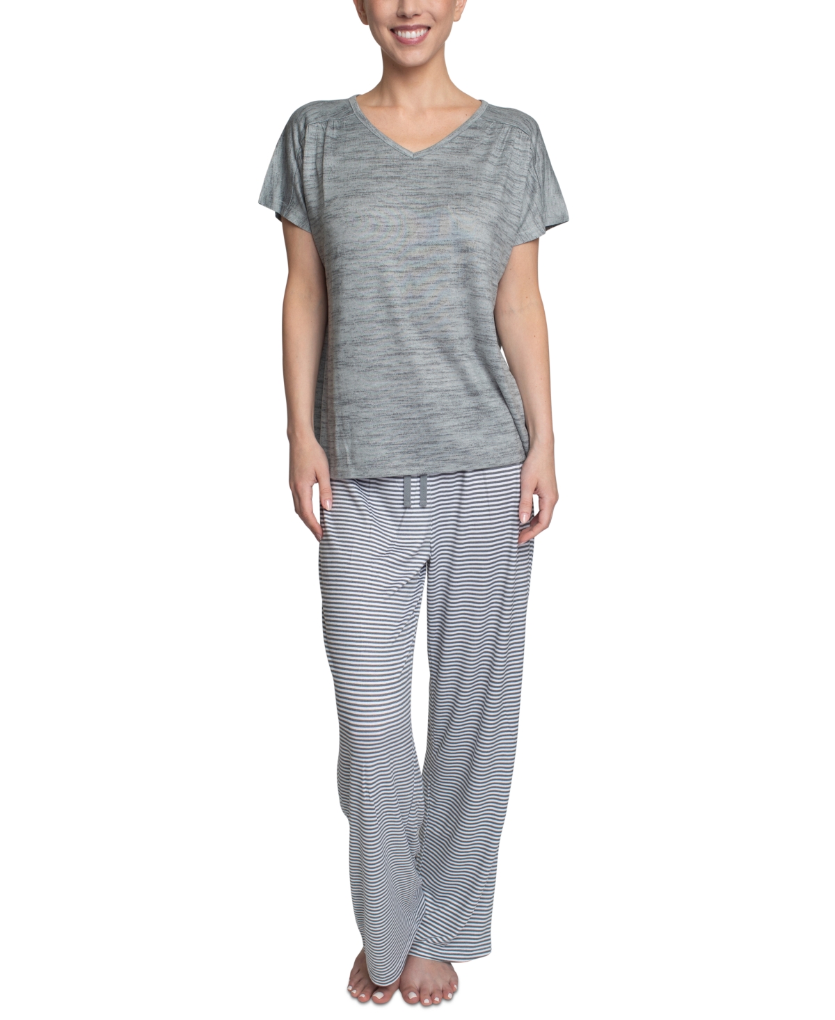 Hanes Plus Size Relaxed Butter-knit Henley Pajama Set In Heather Grey Stripe