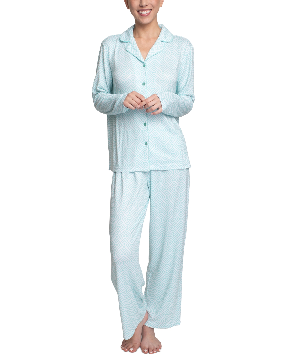 Hanes Women's Relaxed Butter-knit Notch Collar Pajama Set In Aqua Tile Print