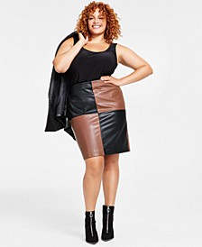 Plus Size Faux-Leather Colorblocked Pencil Skirt, Created for Macy's