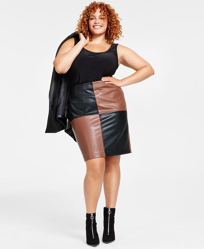 Bar III Plus Size Faux-Leather Colorblocked Skirt, Created for Macy's - Macy's