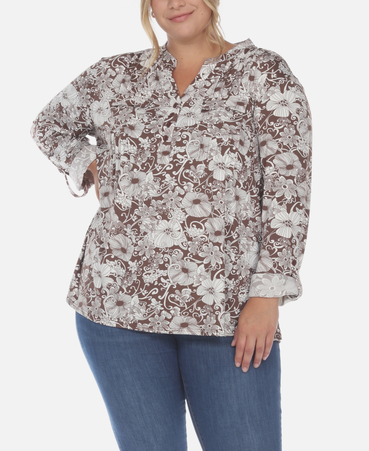 Plus Size Pleated Long Sleeve Floral Print Blouse - Mint