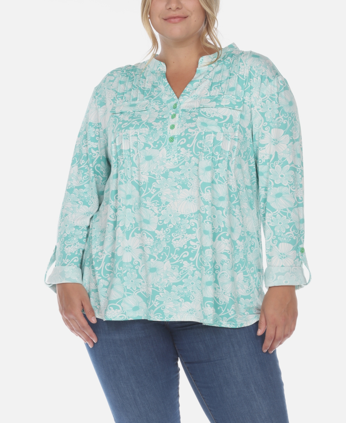 Plus Size Pleated Long Sleeve Floral Print Blouse - Mint