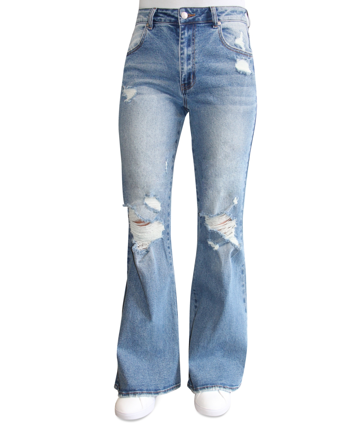  Almost Famous Juniors' Destructed '90s High Rise Flared Jeans