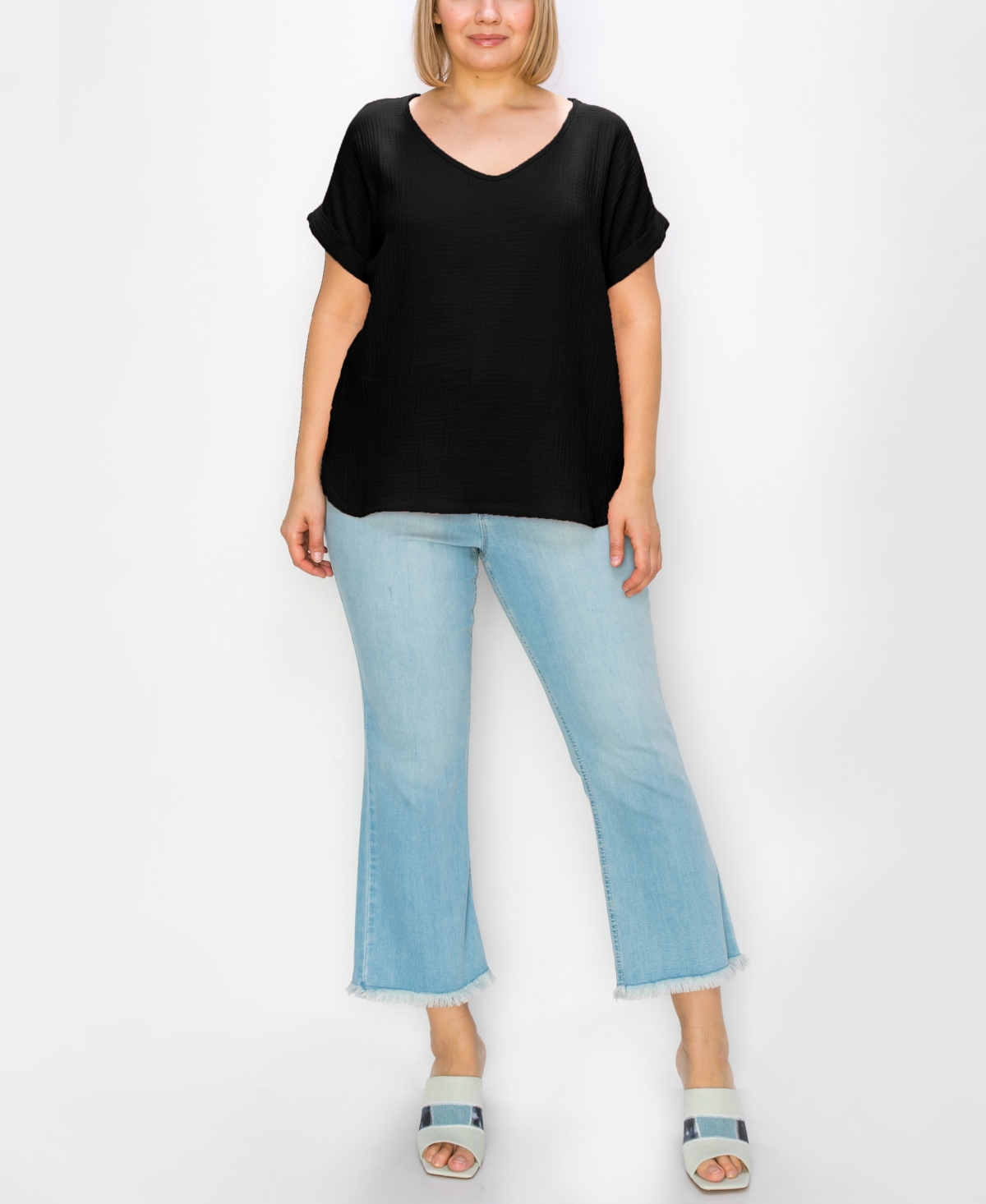 Coin 1804 Plus Size Gauze V-neck Rolled Sleeve Top