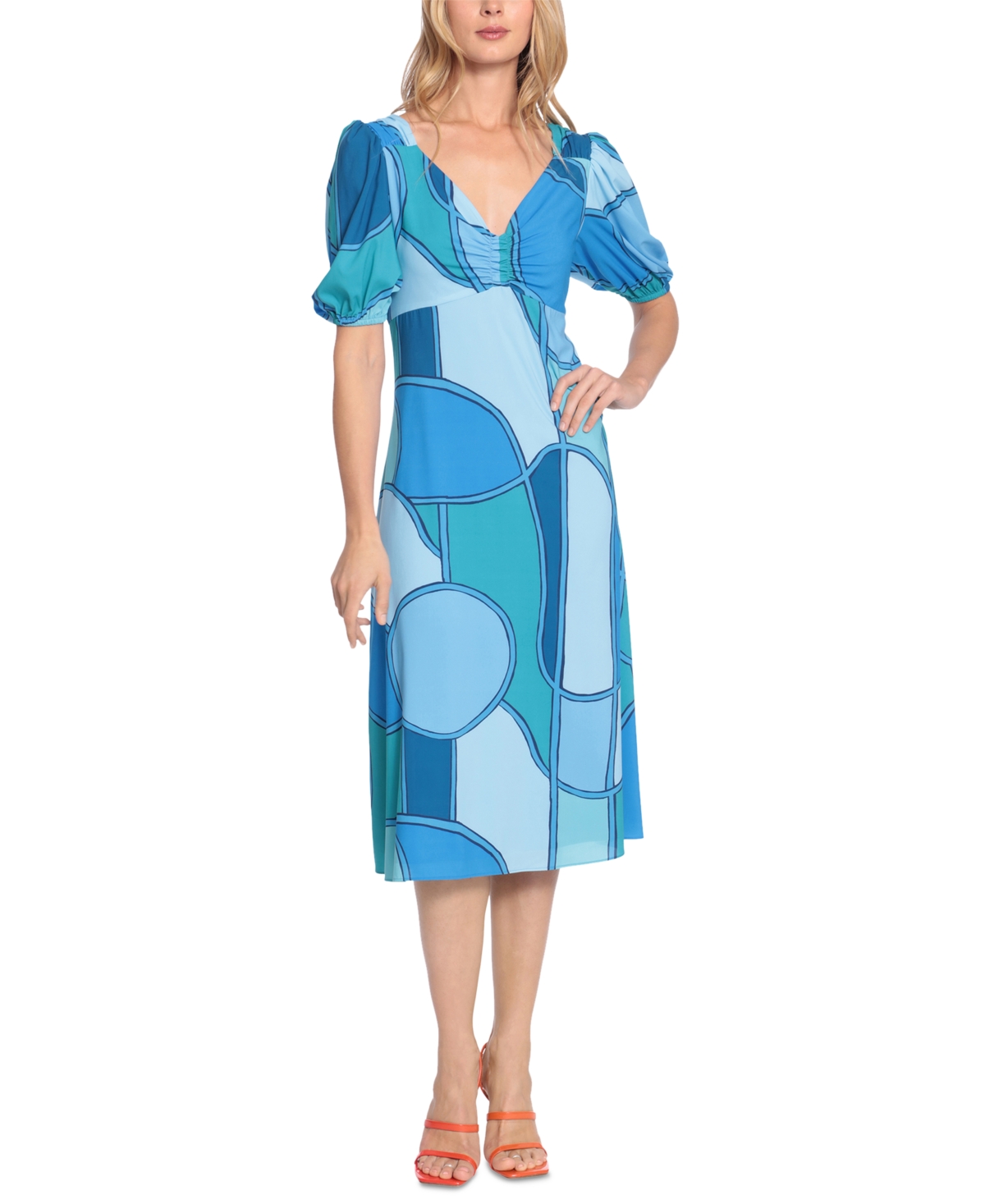 Donna Morgan Women's Printed Puff-Sleeve Midi Dress