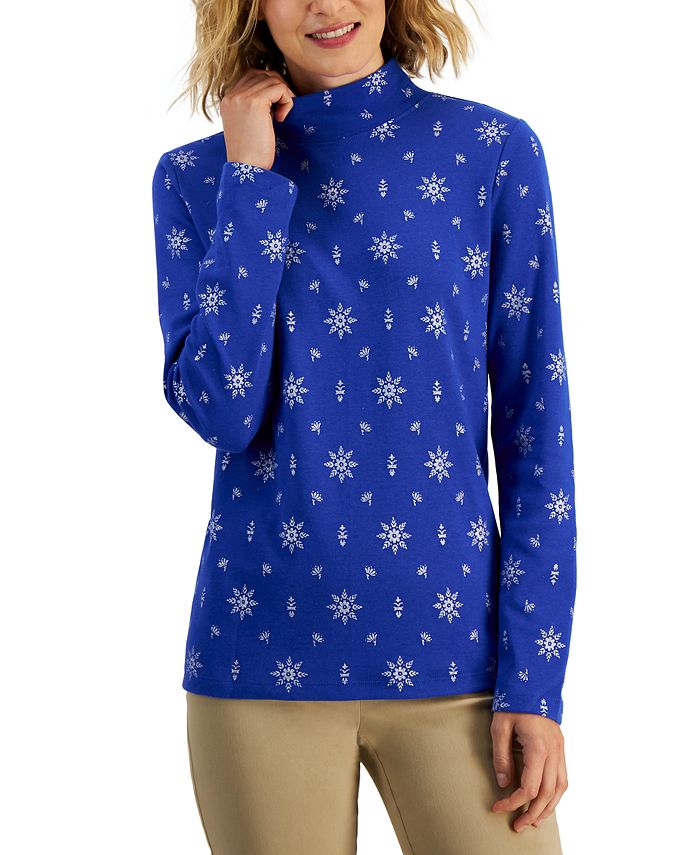 Karen Scott Womens Snowflake Dot Printed Mock Neck Top Green Size Small