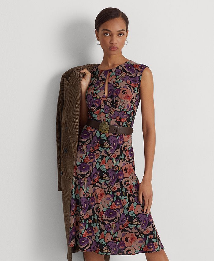 Lauren Ralph Lauren Floral Belted Crepe Dress - Macy's