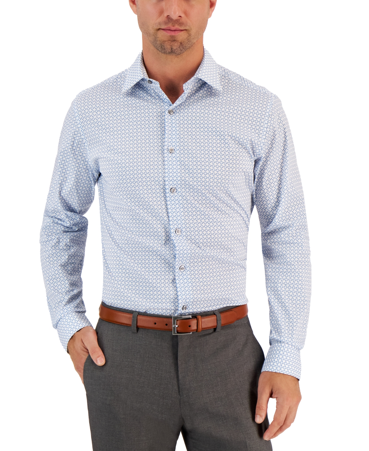 Alfani Men's Slim Fit 2-way Stretch Stain Resistant Geometric Print Dress Shirt, Created For Macy's In White Blue