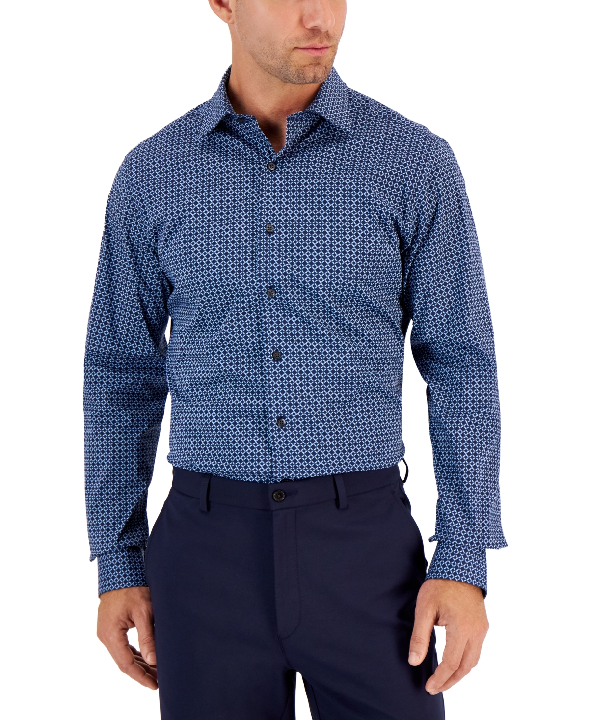 Alfani Men's Slim Fit 2-way Stretch Stain Resistant Geometric Print Dress Shirt, Created For Macy's In Navy Blue