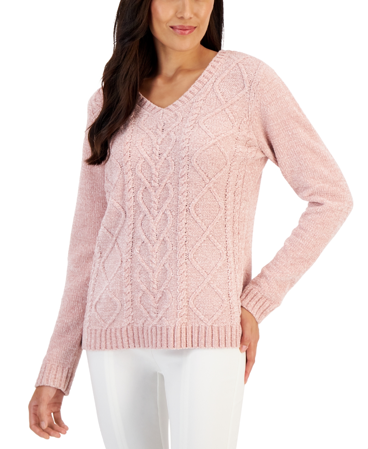 Karen Scott Women's Chenille Cable V-Neck Sweater, Created for Macy's
