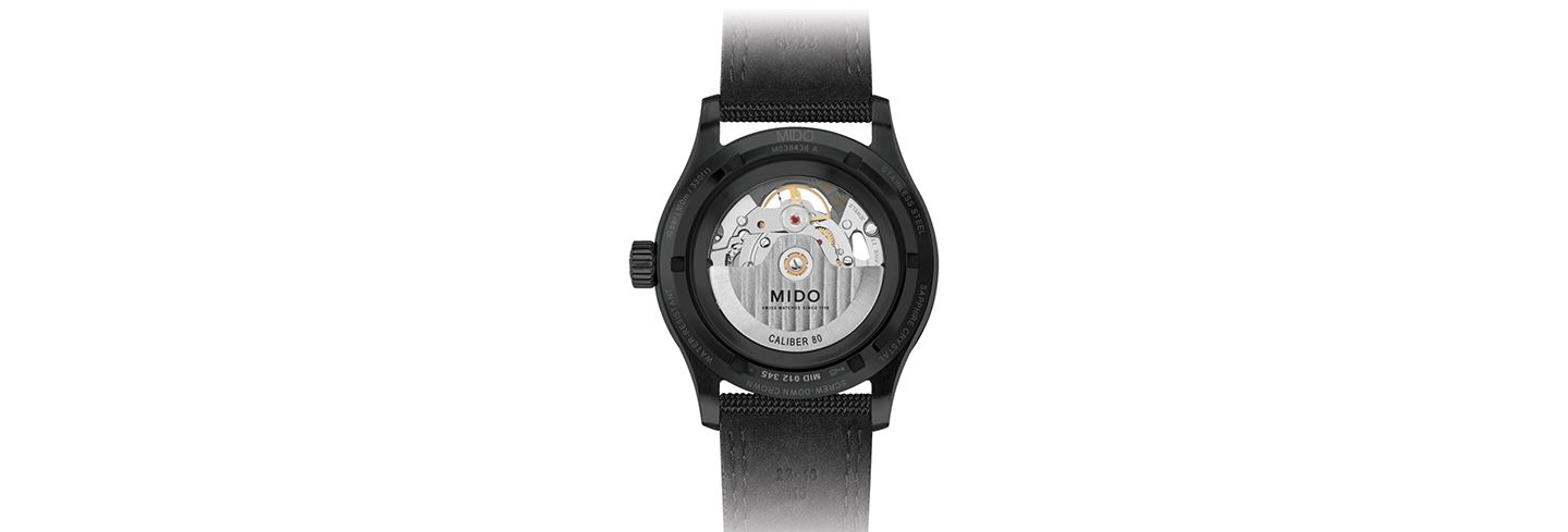 Мужские часы Mido Swiss Automatic Multifort Skeleton Vertigo Black and Orange Fabric Strap Watch 42mm — фото 2