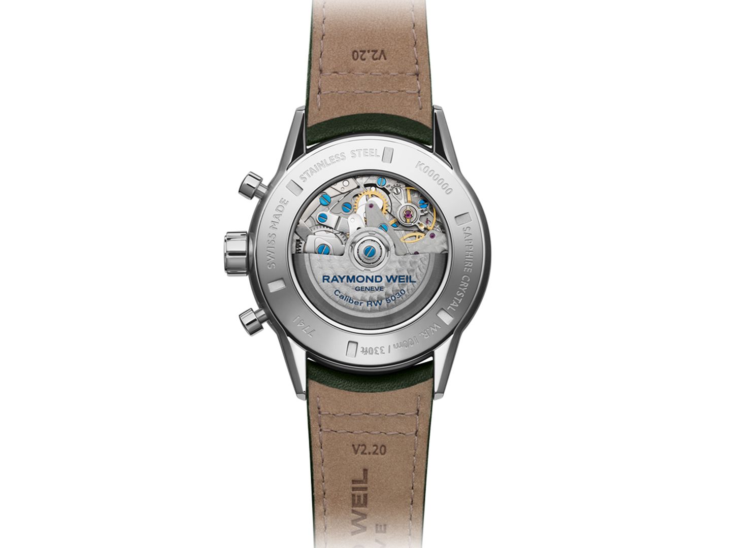 Мужские часы Raymond Weil Swiss Automatic Chronograph Freelancer Green Leather Strap Watch 43.5mm — фото 3