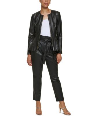 Dkny Petite Front Zip Faux Leather Jacket High Waisted Faux Leather Pants In Black