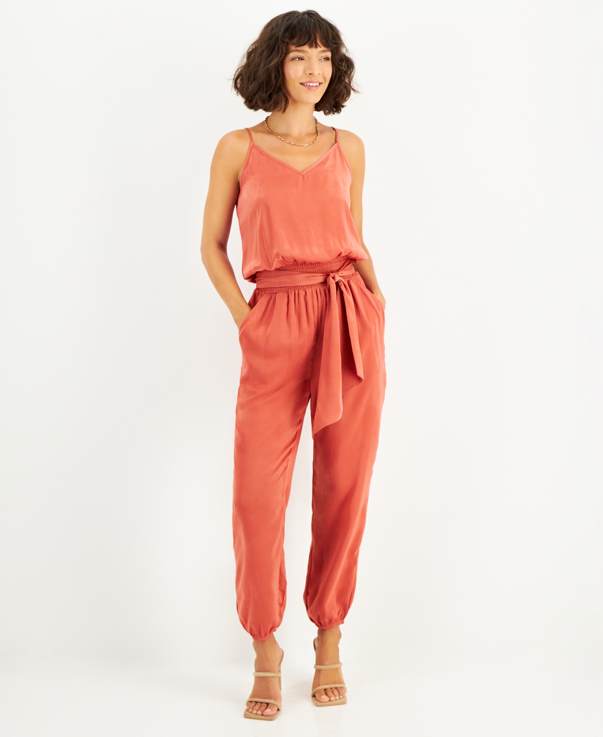  And Now This Women's Sleeveless Belted Satin Jumpsuit