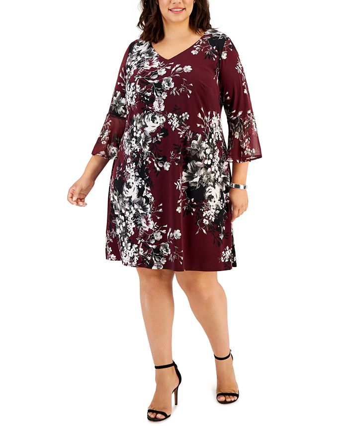 Connected Plus Size Printed 3 4 Bell Sleeve Fit Flare Dress Macy s
