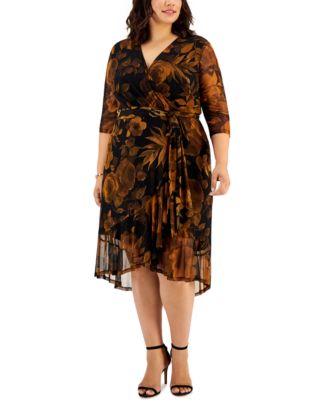 Connected - Plus Size Floral-Print Faux-Wrap Dress