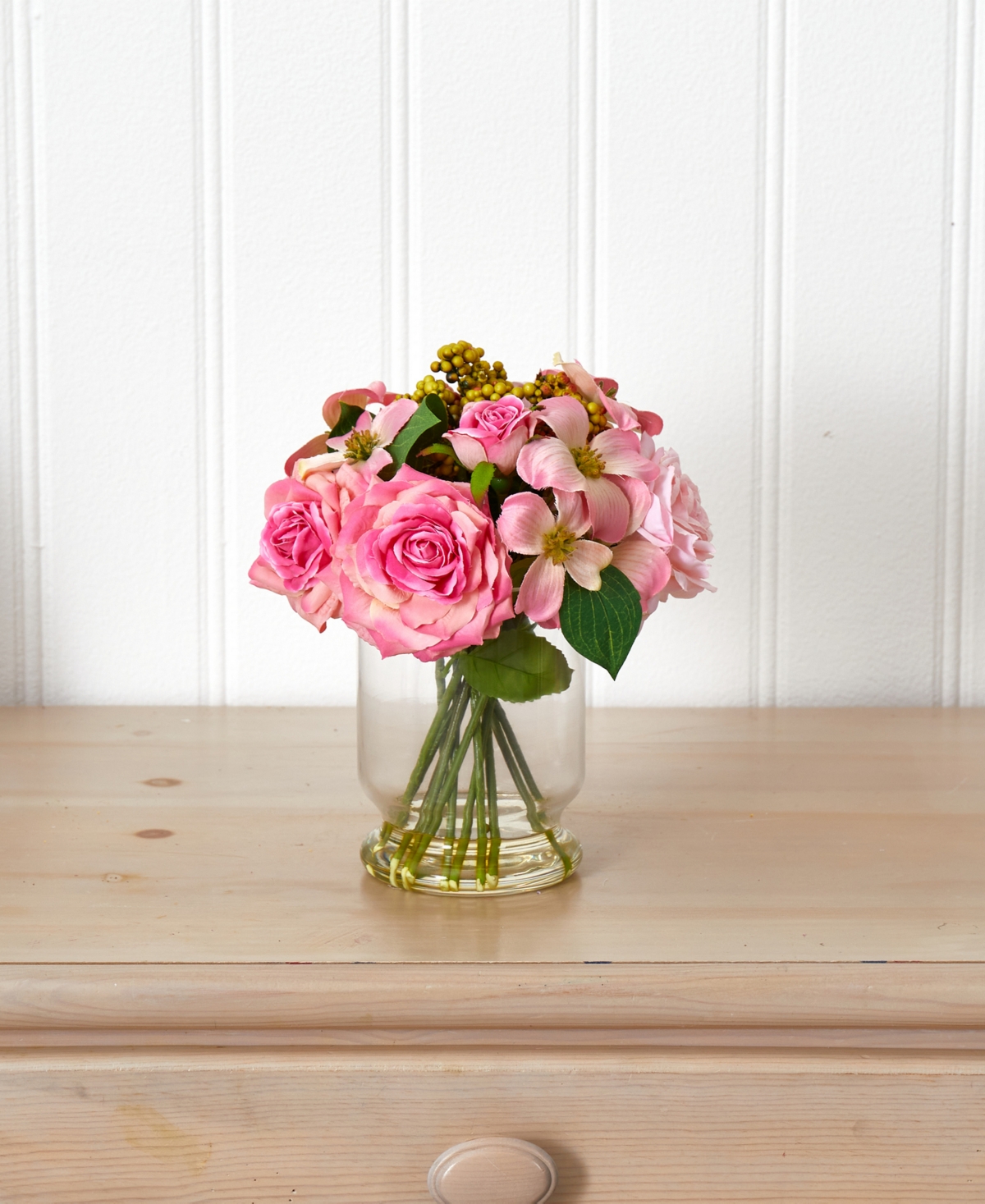 Nearly Natural 10'' Rose & Berry Arrangement in Glass Vase