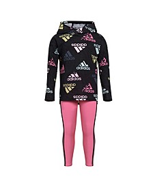 Little Girls Long Sleeve Allover Print Hooded T-shirt and Tights, 2 Piece Set