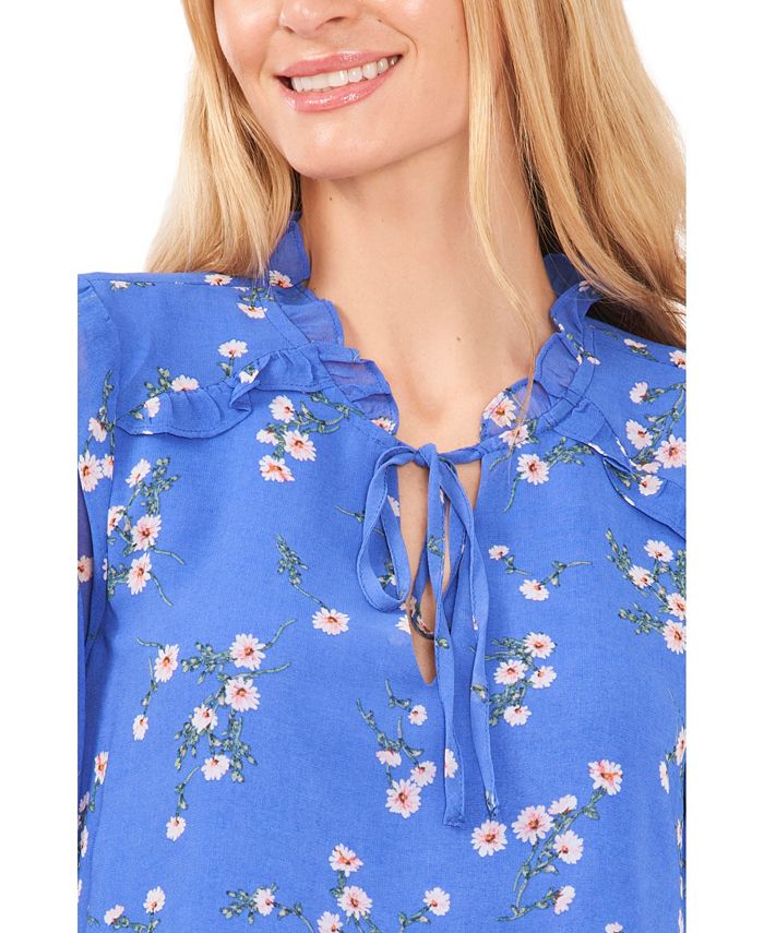 Cece Womens Elbow Sleeve Tie Neck Floral Print Blouse Macys 