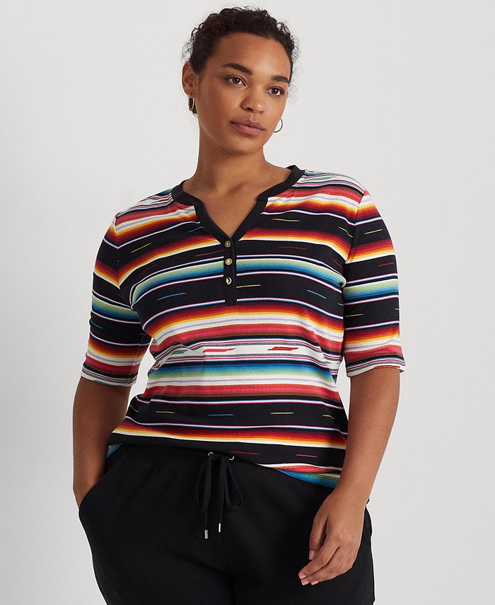Lauren Ralph Lauren Plus-Size Striped Stretch Cotton Henley T-Shirt &  Reviews - Tops - Plus Sizes - Macy's